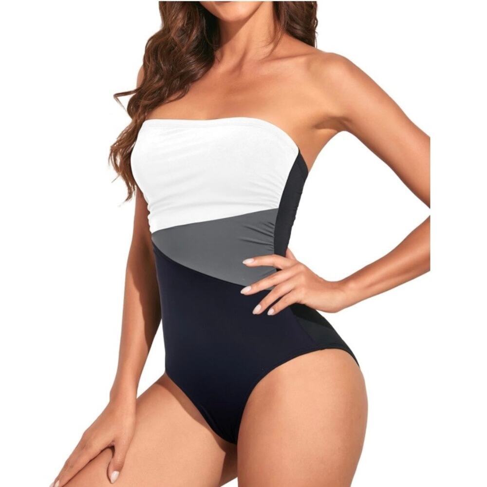 HOLIPICK Women One Piece Swimsuit XL Black White Strapless Tummy Control NWT